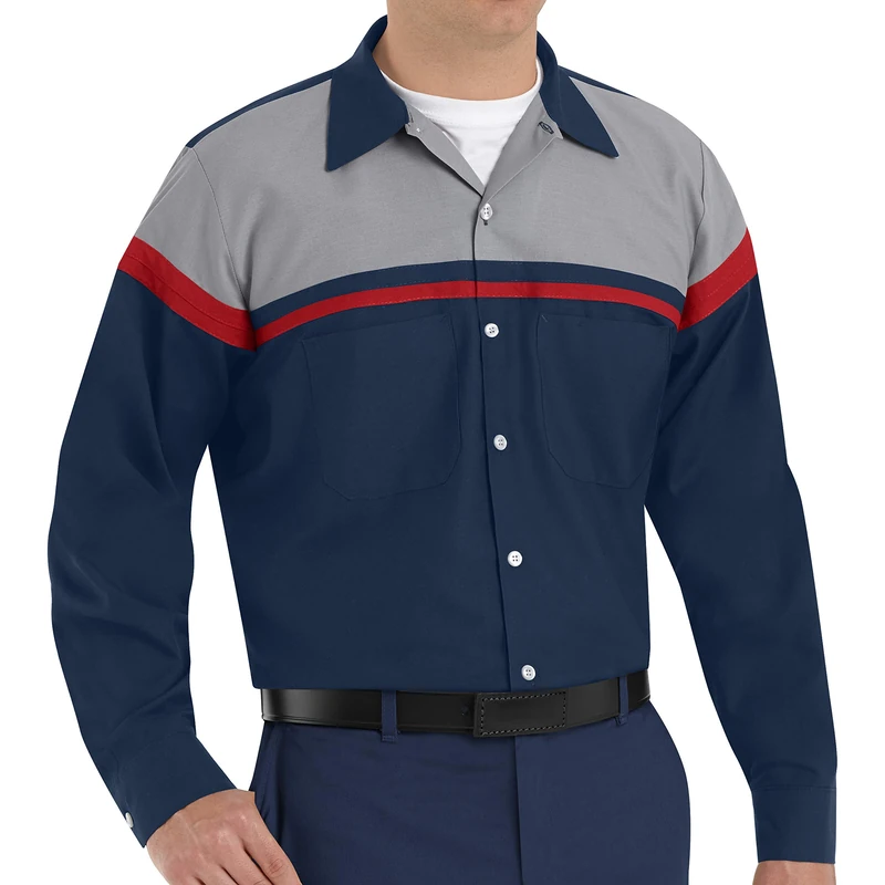 Red Kap Men's Long Sleeve Performance Tech Shirt Work Utility Button, Navy/Red/Light Grey, XL Tall