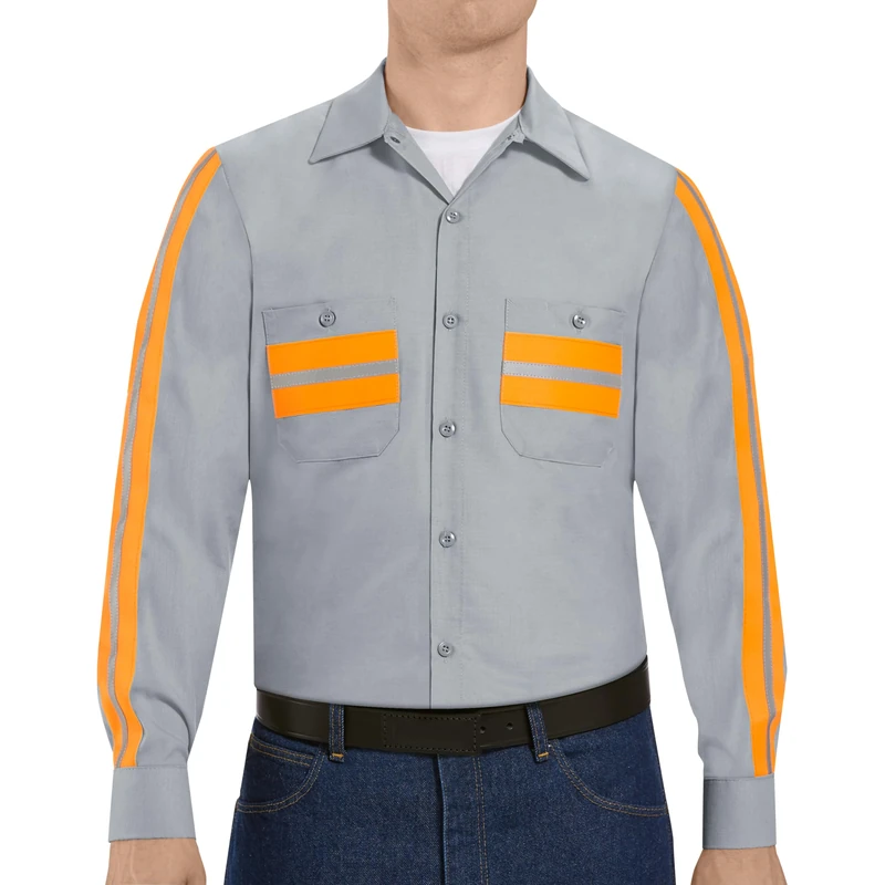 Red Kap Men's Enhanced Visibility Industrial Work Shirt, Regular Fit, Long Sleeve Utility Button, Light Grey with Trim, S