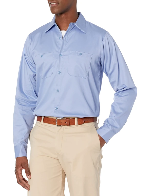 Red Kap Men's Wrinkle Resistant Cotton Work Shirt, Light Blue, Large