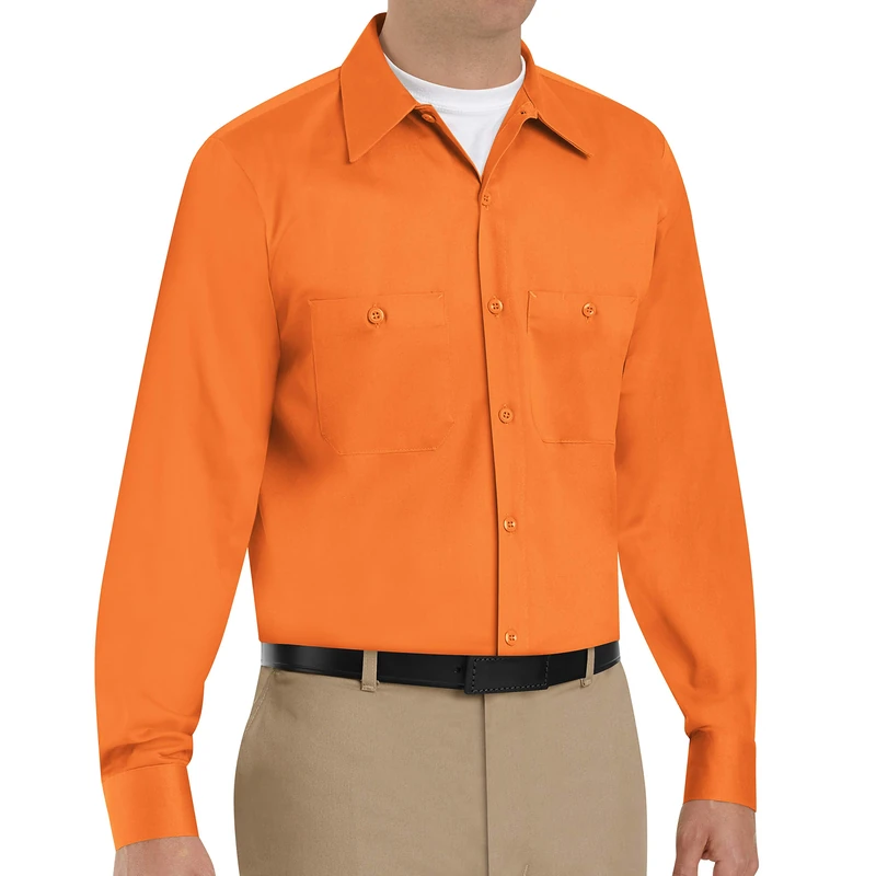 Red Kap Men's Wrinkle Resistant Cotton Work Shirt, Regular Fit, Long Sleeve, Orange, Large