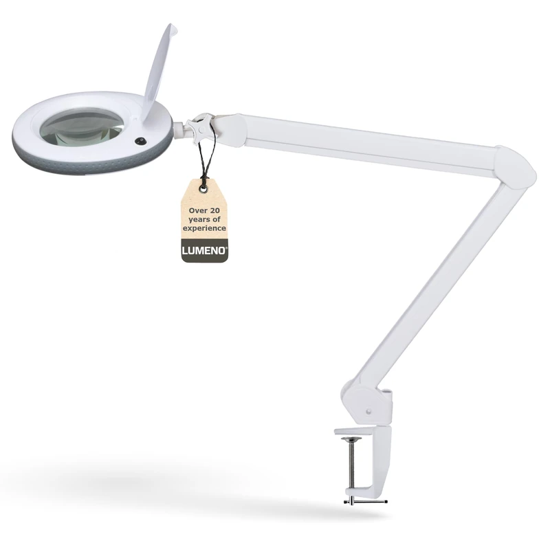 Lumeno 7213GR LED Magnifying lamp, 127 mm Glass Lens, 950 Lumen, 3 diopters, Workstation & Cosmetic lamp, for Beauty Salon, hobbyist, as Reading aid, Magnifying Glass with Table clamp