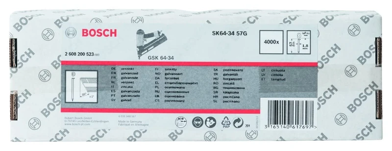 Bosch 2608200523 Galvanized Finish Nails, Silver, 57 mm