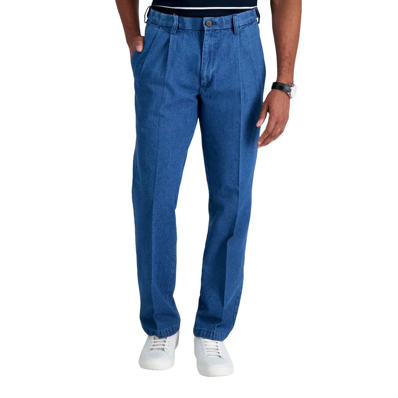 Haggar Men's Big,Tall Hidden Expandable Waistband Denim Pleat Front Pant,Light Stone,54x34