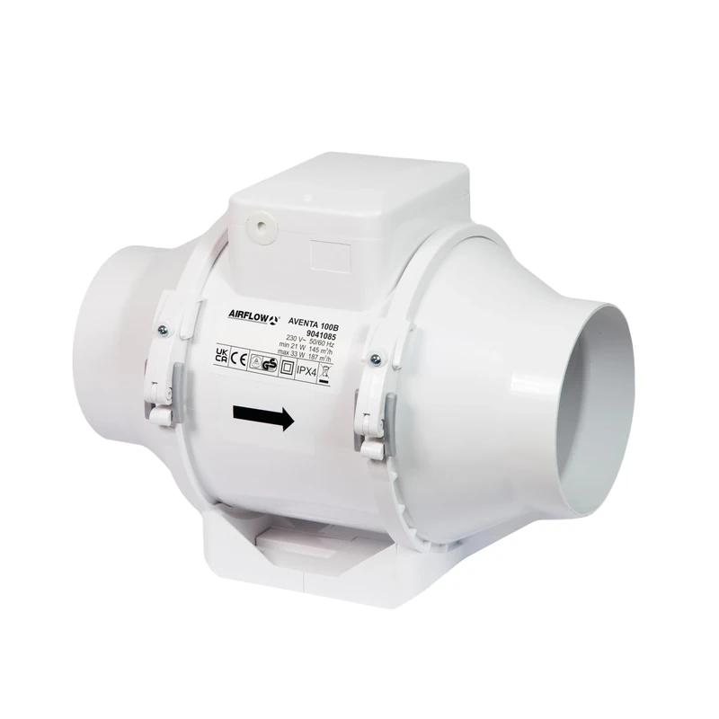 Airflow Aventa 100B In-Line Mixed Flow Extractor Fan – 21W Energy-Saving Ventilation, 40-52 l/s (145-187 m³/h) Flow Rate, IPX4 Rated, Compact Design (190x246x126 mm), Fits 100mm Duct, 3-Year Warranty