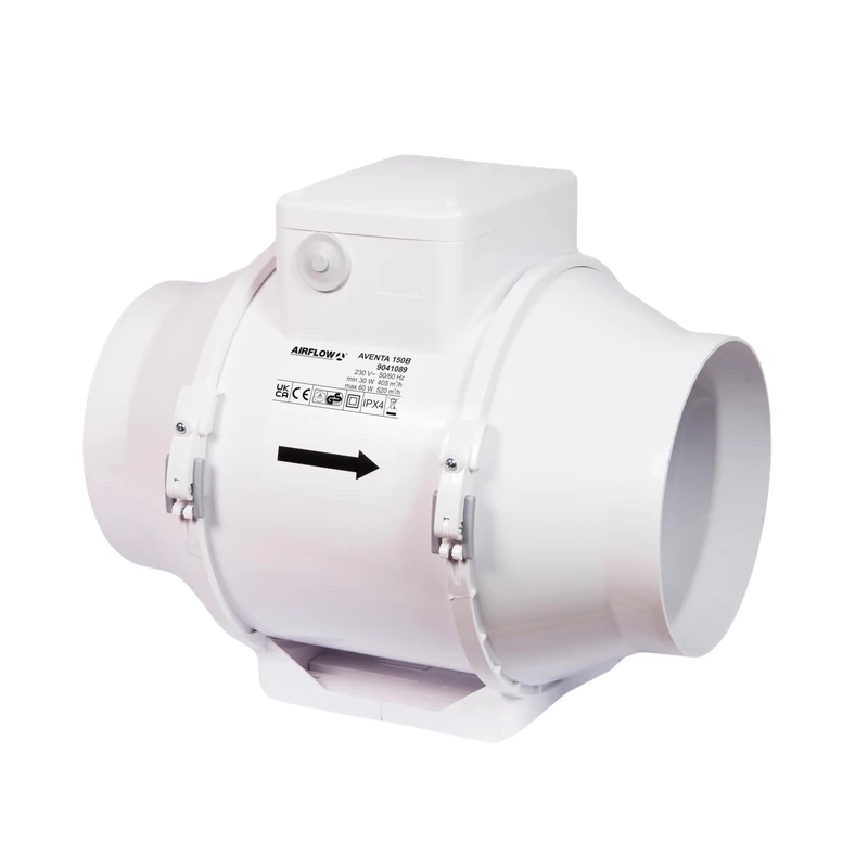 Airflow Aventa 100T In-Line Extractor Fan with Adjustable Timer (2-30 Minutes) – 21W Energy-Saving, 40-52 l/s Flow Rate, IPX4 Rated, Fits 100mm Duct, 3-Year Warranty