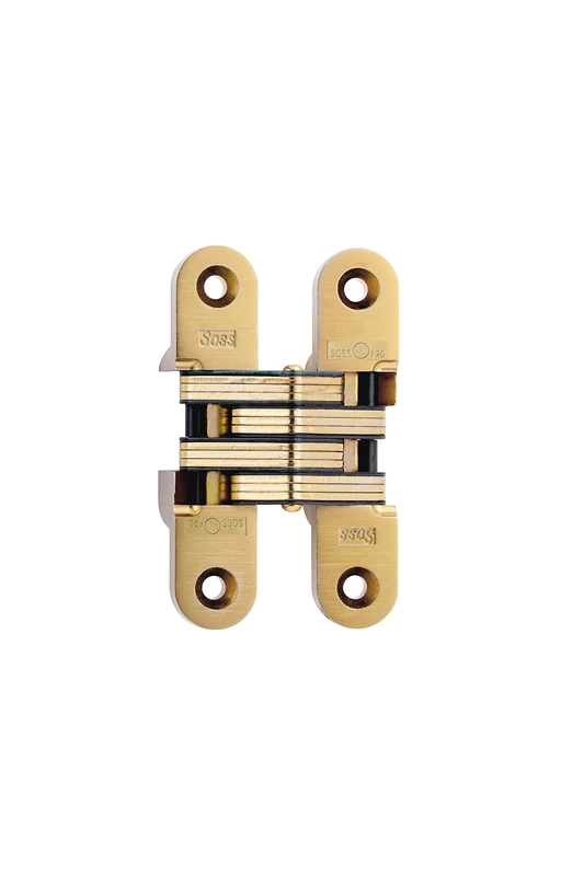 SOSS Mortise Mount Invisible Hinge with 4 Holes, Zinc, Satin Brass Finish, 4-5/8" Leaf Height, 1" Leaf Width, 1-7/16" Leaf Thickness, 14 x 1-1/2" Screw Size - Image 1