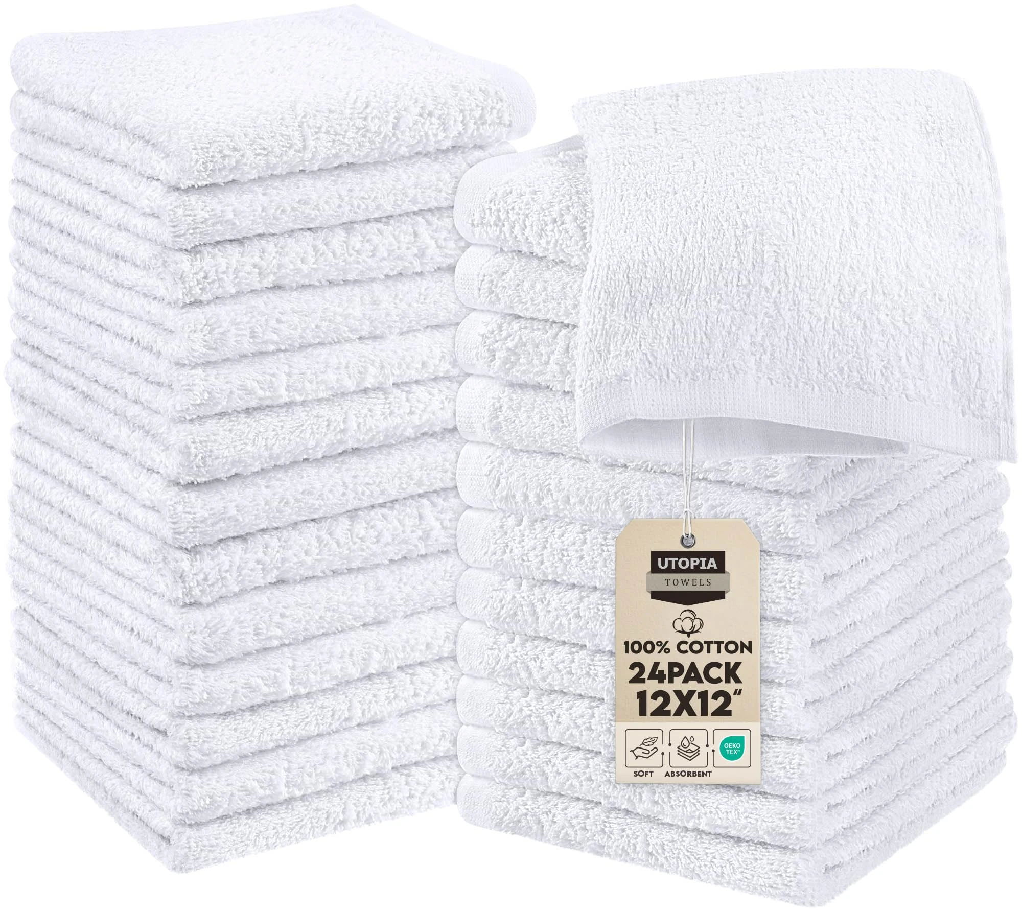 Utopia Towels - Cotton Washcloths Set - 30 x 30 cm, White - 100% Ring Spun Cotton, Premium Quality Flannel Face Cloths, Highly Absorbent and Soft Feel Fingertip Towels (24-Pack, White)