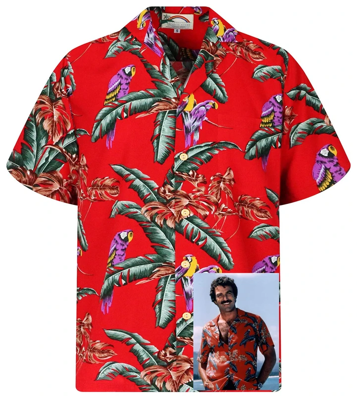 Paradise Found Mens Jungle Bird Tom Selleck Magnum PI Rayon Shirt, Red, Medium