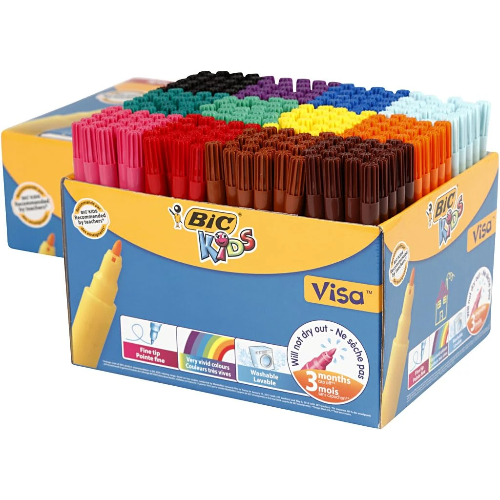 BIC Kids Visa Felt Tip Pens, Fine Tip, Very Vivid Colouring Pens, Washable Markers, Back to School Supplies, 288 Pack