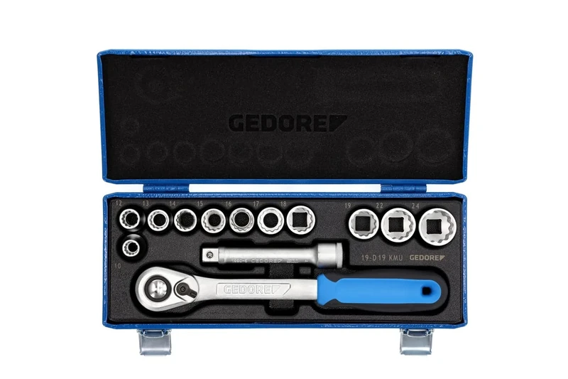 GEDORE 13-piece Socket spanner set, Hex/bi-hex, 1/2", 10-24 mm, Tool, Ratchet with lever reverse, for Automotive, D19 KMU-20