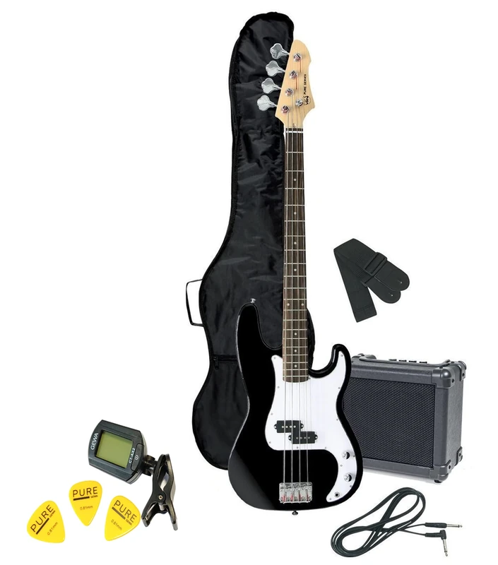 GEWA Electric Bass, Bass Pack RCB-100 Set black– Solid basswood body, Maple neck, Pakkawood fingerboard, incl. amplifier, gig bag and accessories for powerful bass sound!