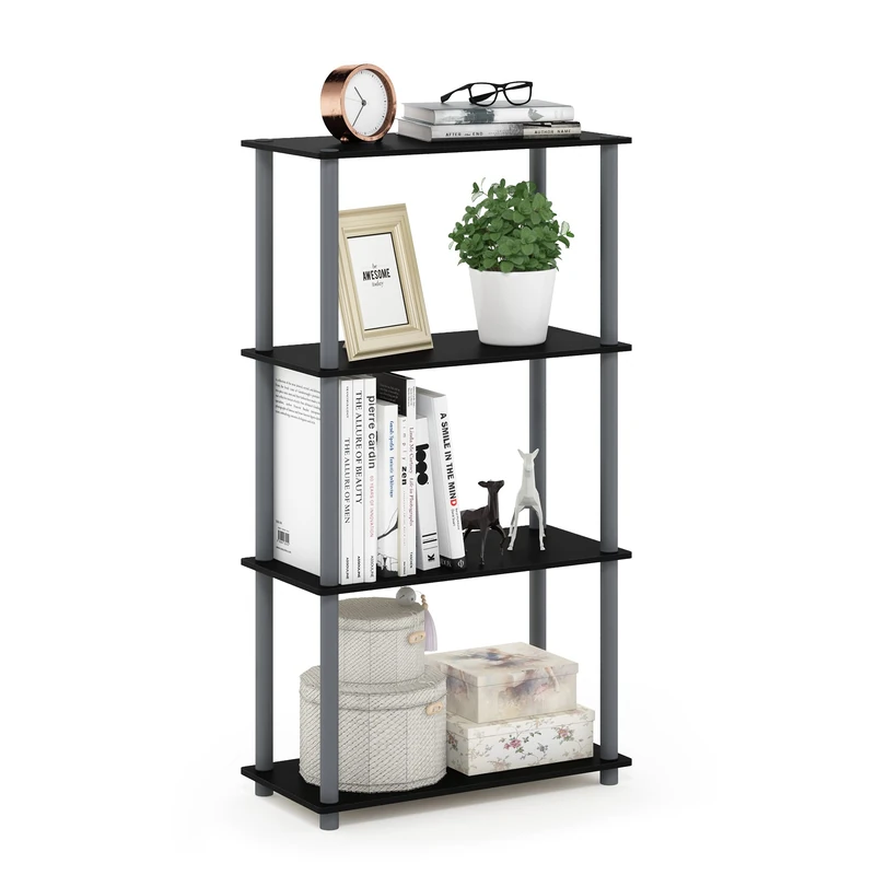 Furinno TURN-N-TUBE Storage Shelves, 4-Tier Toolless Book Shelf, Corner Shelf, Toolless Open Shelves, for Organization and Storage, Living Room, Garage, Home Office, Black