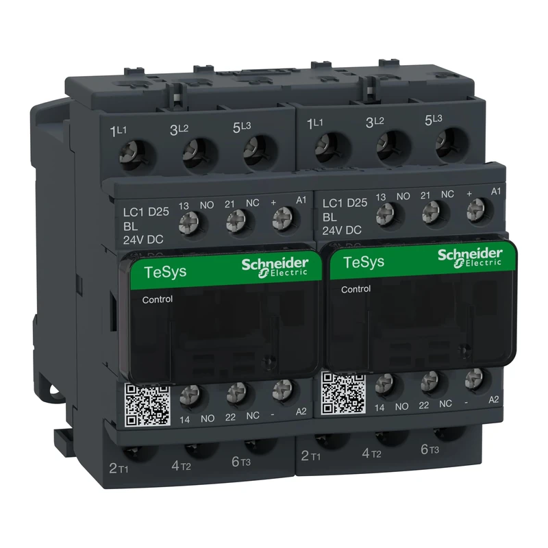 Schneider Electric TeSys Deca reversing contactor,3P(3NO),AC-3,=440V 25A,24V low consumption DC coil,LC2D25BL