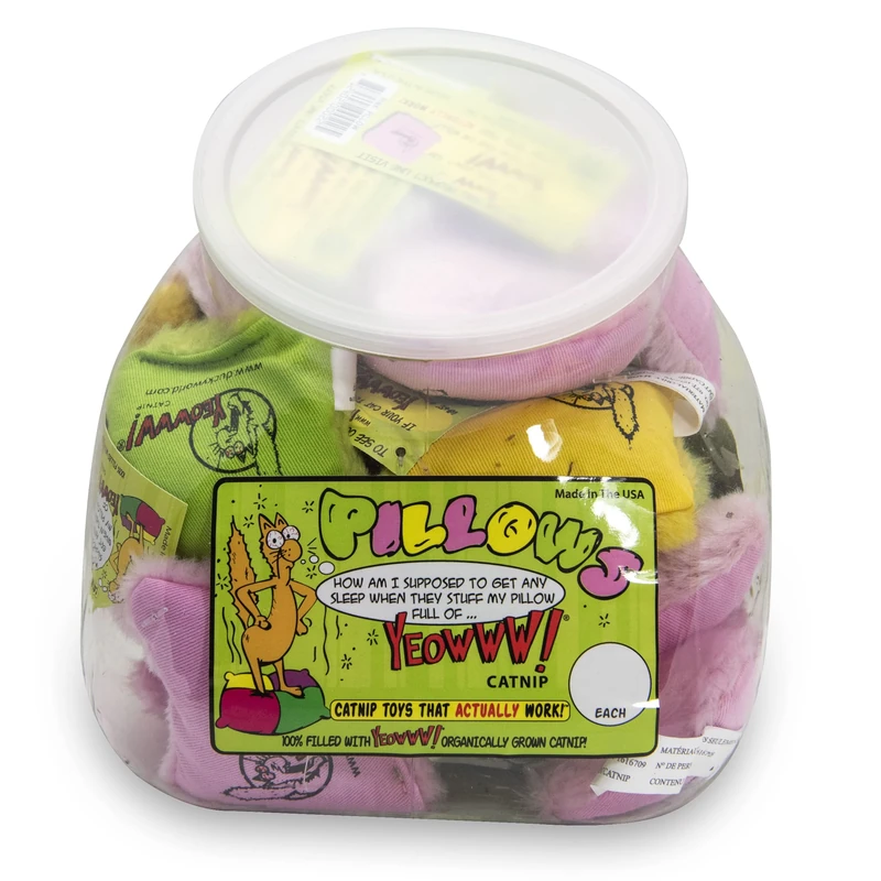 Yeowww Jug of 24 Catnip Pillow Toys Assorted, 100% Filled Organic American Grown Catnip Toy, Natural Vegetable and Soy Colourants, Each toy is 6cm x 6cm - Image 1