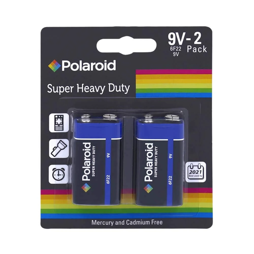 2 x Polaroid PP3/6F22, 9v Heavy Duty Mercury Free Batteries