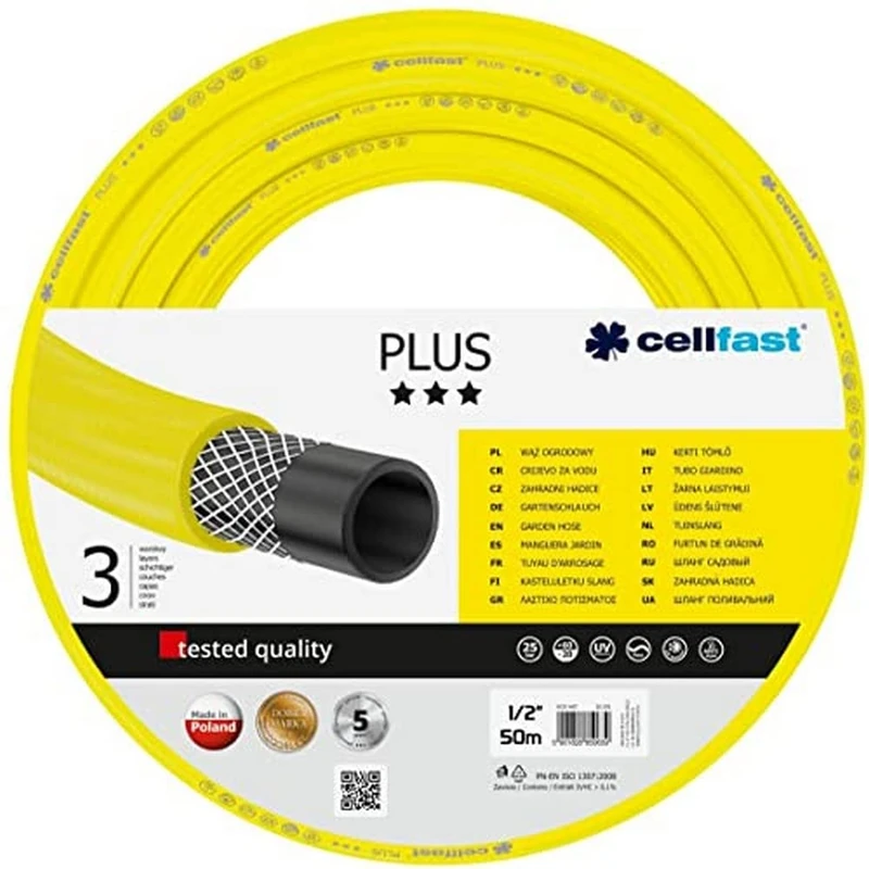 Cellfast Garden Hose Plus 1/2” 50m, Flexible and Three-Layer Hose, Resistance to UV, Internal Part Resistant to Algae, 10-201