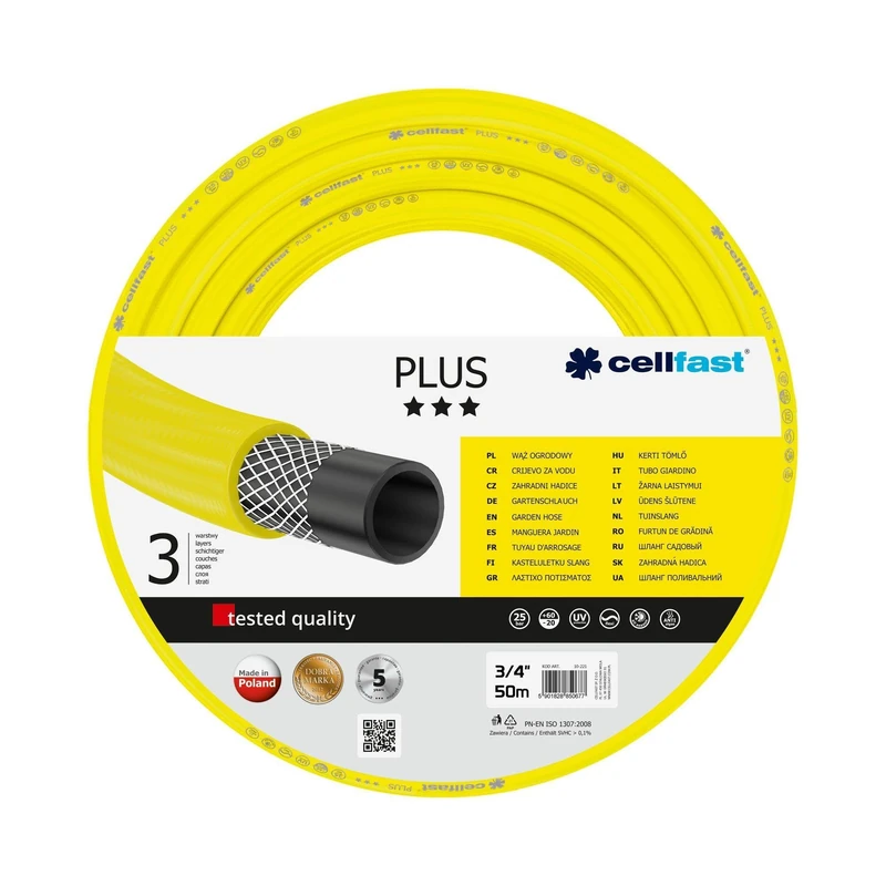 Cellfast Garden Hose Plus 3/4” 50m, Flexible and Three-Layer Hose, Resistance to UV, Internal Part Resistant to Algae, 10-221
