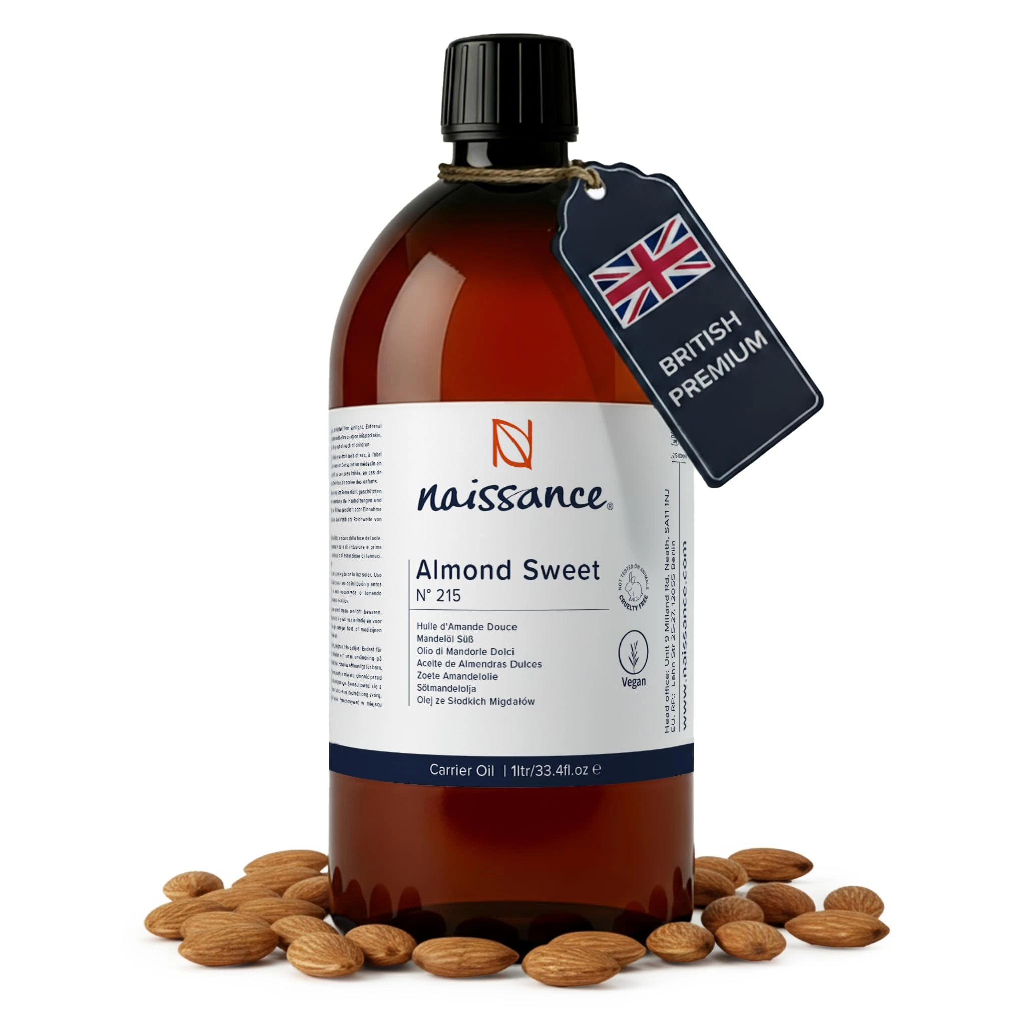 Naissance Sweet Almond Oil (no. 215) 1 Litre – for Skin, Hair, Massage, Nails, Cuticles, Ears, Face, Body, Stretch Marks - Natural Skin Care, Carrier Oil for Aromatherapy