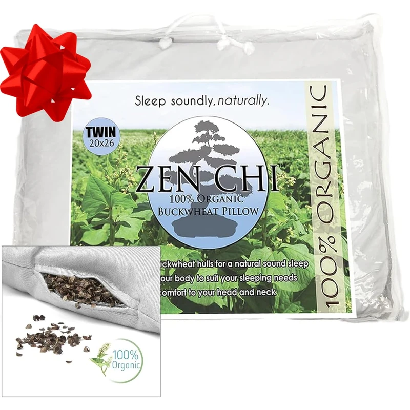 ZEN CHI Buckwheat Pillow Organic Buckwheat Pillow - Twin Size (20" X 26")- 100% Cotton Cover with Organic Buckwheat Hulls 20Wx 26L
