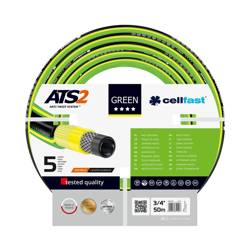 Cellfast Garden Hose Green ATS2 3/4" 50 m, Five-Layer Hose, Knots Resistant, Double Cross-Tricot Reinforcement, Anti-Twist, 15-121