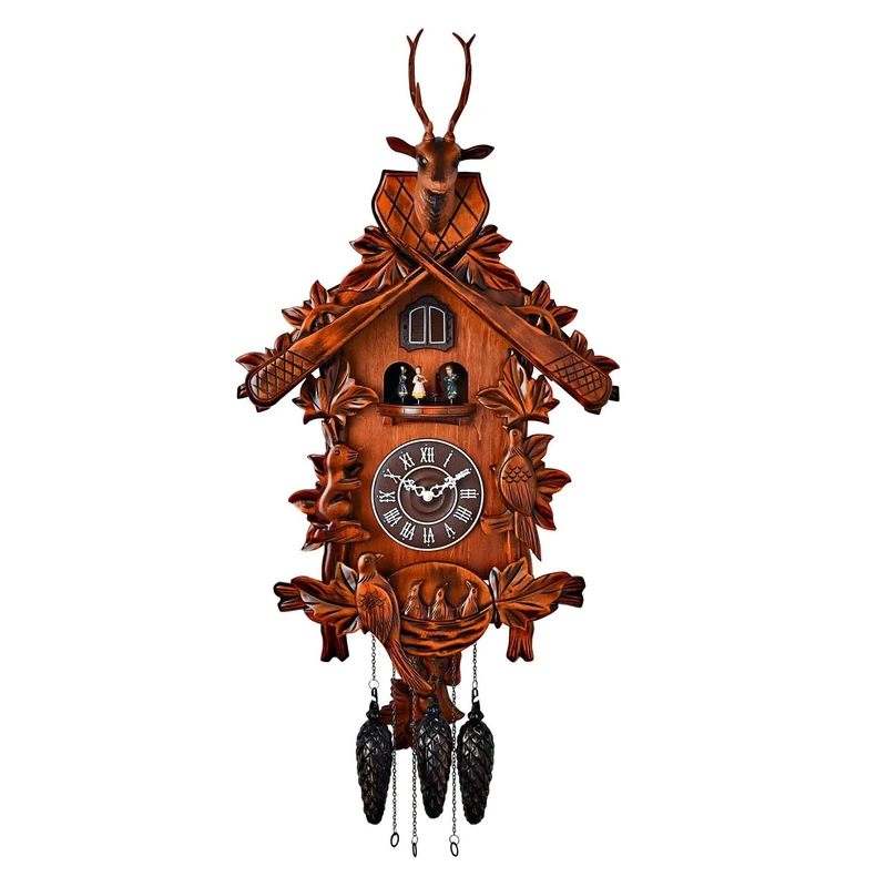 Widdop Bingham Qtz Cuckoo Clock - Lrg Wooden with Roundabout - 2 birds/Stag