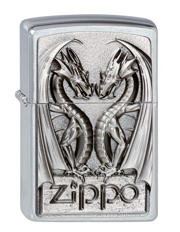 Zippo Windproof Lighter - Two Dragons Emblem - Brushed Chrome Finish - Refillable - Reusable - Gift Box - Metal - Made in USA