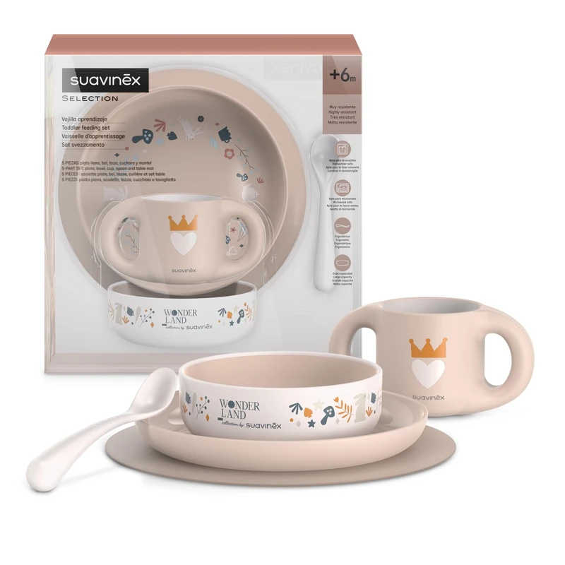 Suavinex, Children's Tableware Set Baby Food Set with Placemat Non-Slip + Plate + Bowl + Cup + Spoon Dishwasher Safe Microwave Safe for Babies 6 Months + Pink