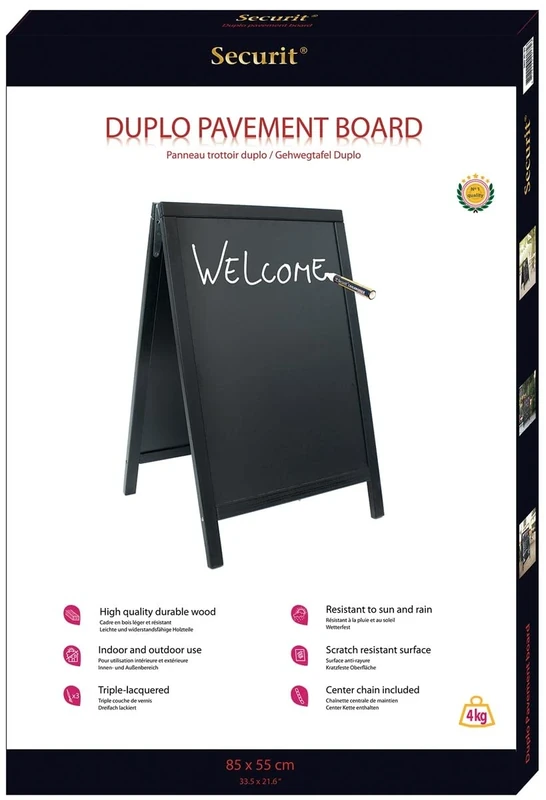 Securit Wooden Lacquered Finish Pavement Sandwich A-Frame Board 55 x 85cm - Outdoor Blackboard Pavement Sign, Chalkboard Easel Double Sided Sandwich Board, Suitable for Outdoor Signage - Black