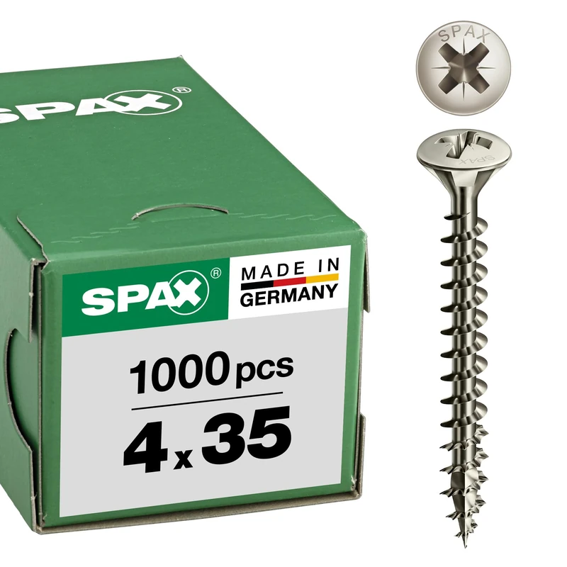 SPAX 241030400355 Universal, Raised countersunk, Phillips Z, 4CUT, Multi Head, Full Thread, Nickel-Plated, E1J, (4.0 x 35 mm, 1000 Pieces), 4,0 x 35 mm
