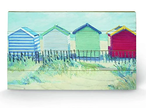 Pyramid International Jane Hewlett Suffolk Beach Huts Wooden Wall Art, Multicoloured, 45 x 76 cm