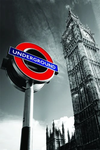 Pyramid International London Underground Sign & Big Ben Wood Print, Multi-Colour, 45 x 76 cm
