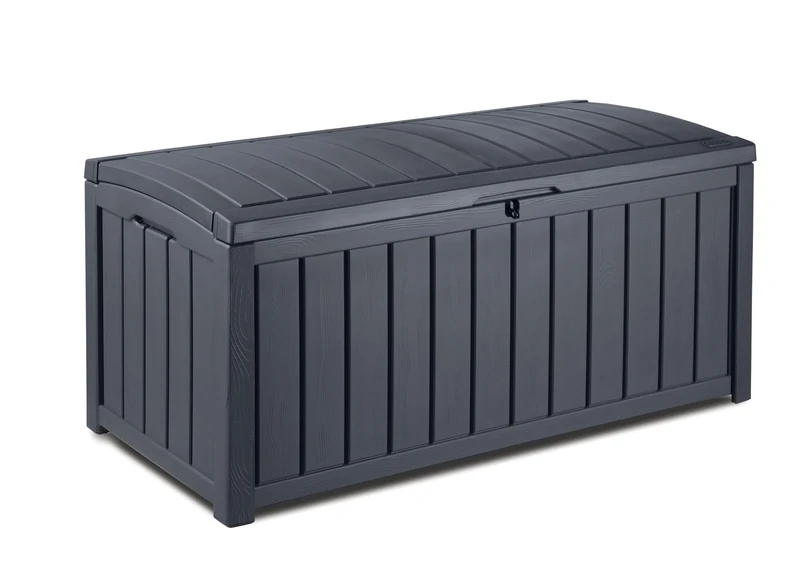 Keter Glenwood Cushion Box, Cushion Box, 390 Litre Volume, Waterproof, Graphite, Wood Look, Bench for 2 Adults, 128 x 65 x 61 cm, Garden Box