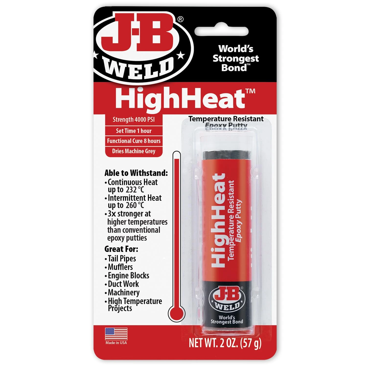 J-B Weld 8297 HighHeat Temperature Resistant Epoxy Putty Stick, Machine Gray, 2oz