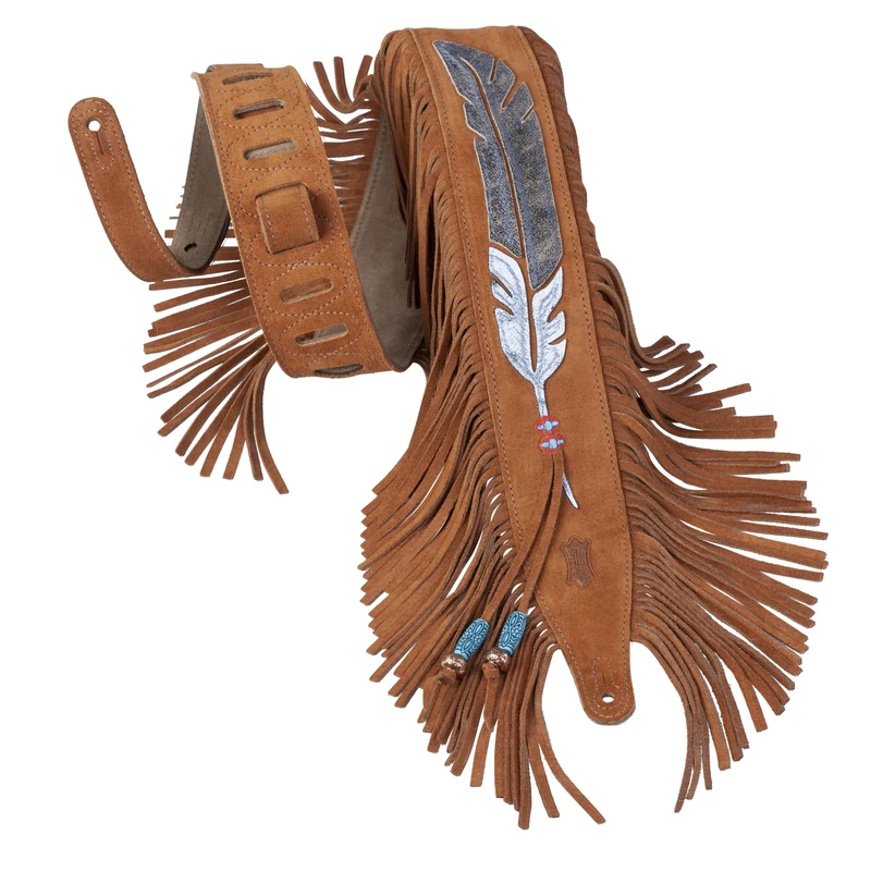 Levy's Leathers 2.5" Suede Guitar Strap with Native American Inspired Feather and Fringe Design; Honey Brown Color (MS17AIF-004) - Image 1