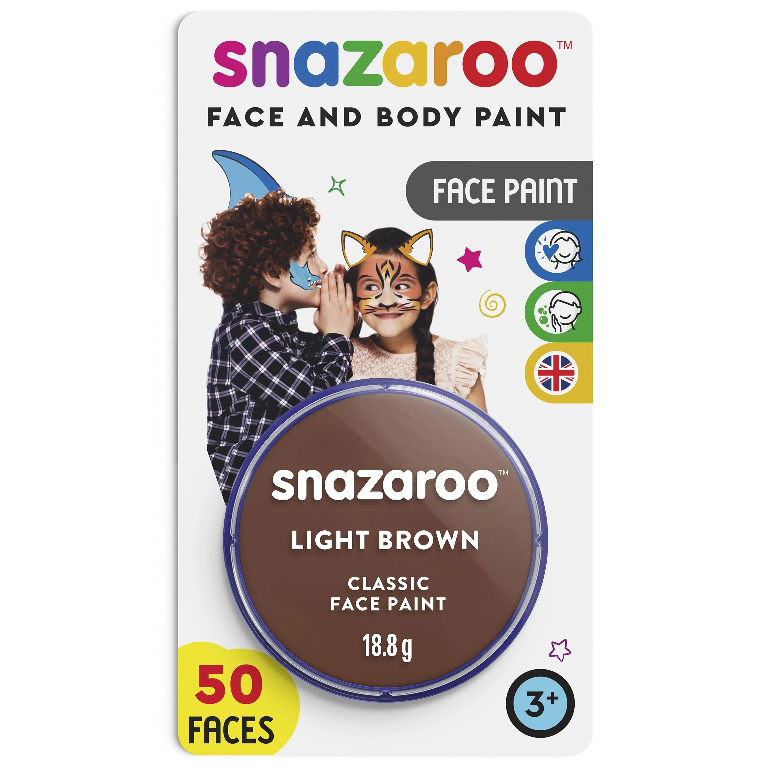 Snazaroo Classic Face and Body Paint for Kids and Adults, Blister Light Brown Colour, Water Based, Easily Washable, Non-Toxic, Makeup, Body Painting for Parties, for Ages 3+