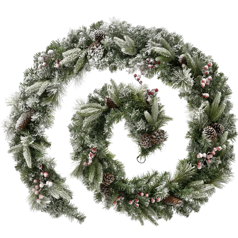 WeRChristmas Extra Thick Mixed Pine Snow Flocked Garland with Cones and Berries Christmas Decoration, Green/White, 9 feet