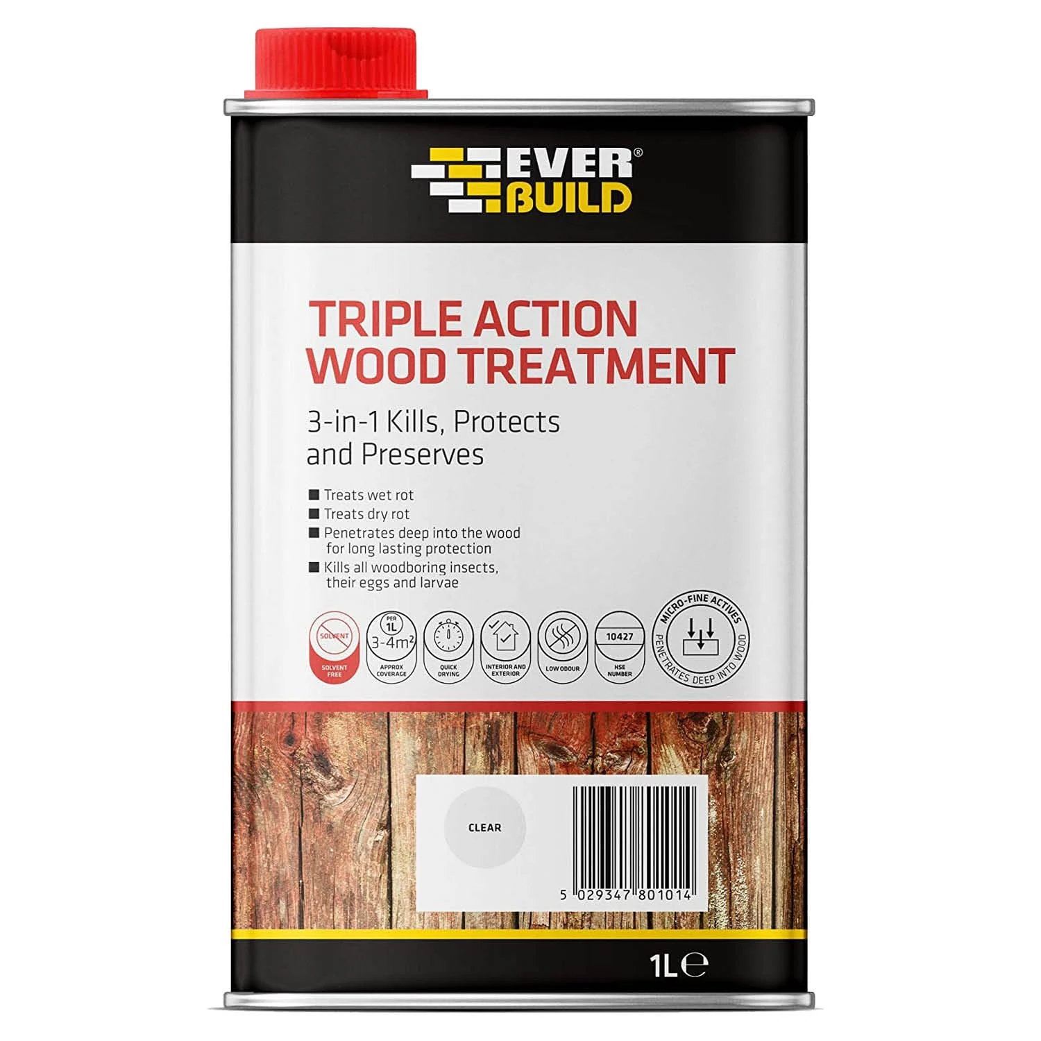 Everbuild Triple Action (Kills, Protects and Preserves) Wood Treatment – Lasting Protection From Damage Caused By Wood Rot, Fungi And Wood Boring Insects – Clear – 1 Litre