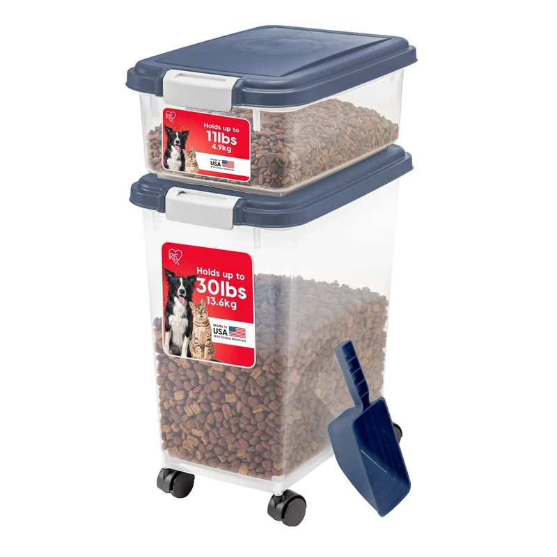 Discover the airtight container designed for your pet. This hermetically sealed 33 litre plastic container is perfect for storing dog food, cat food or any other pet food you wish to store. The sealed storage container has a foam seal and locking latches to keep the contents fresh and pests out. Designed as pet food bins, these BPA-free wheeled storage bins offer many other uses as well as storage for leashes and toys, pellets, seeds, bird seed, cat litter, or even as a charcoal container. This hermetically sealed IRIS pet container is versatile and functional, and the wheels allow for easy mobility in any room of the house. Made in the USA.