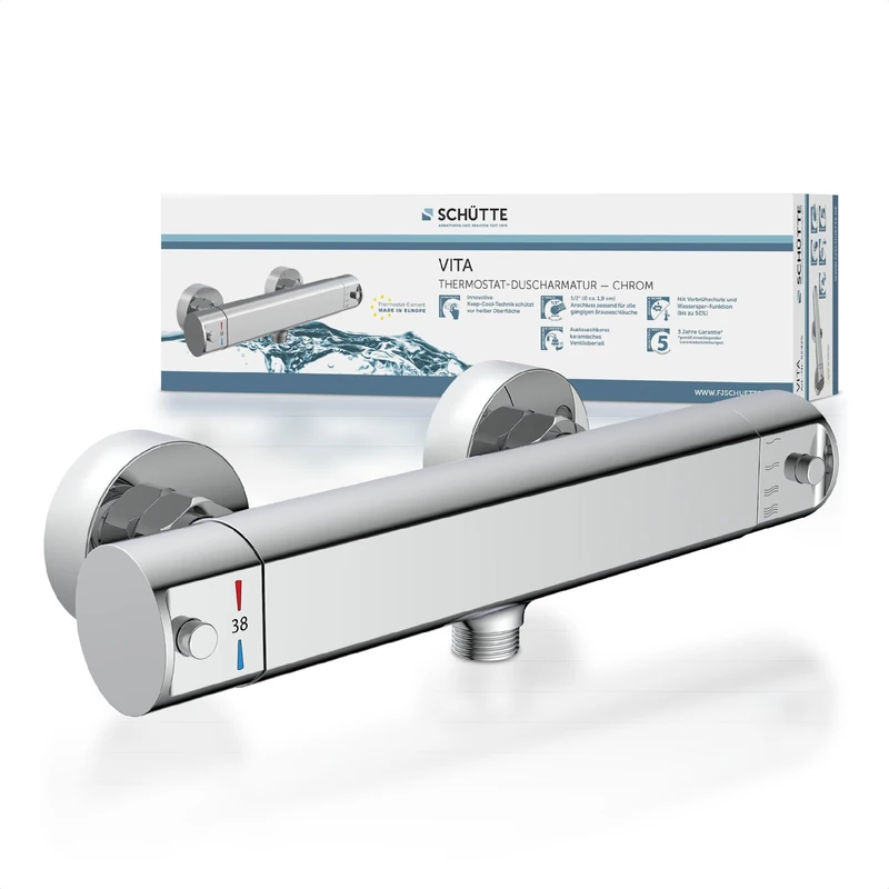 SCHÜTTE VITA 52425 Thermostatic Shower Mixer Tap with Cool Touch Function Eco Stop Water Saving Function Chrome