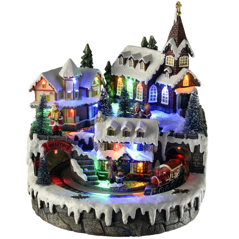 WeRChristmas Pre-Lit LED Musical Animated Christmas Village Scene with Rotating Train, 24 cm - Multi-Colour