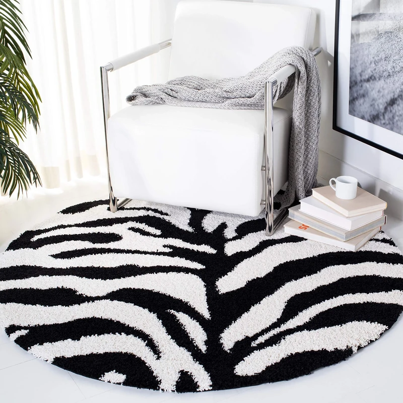 Safavieh Shag Rug for Living Room, Dining Room, Bedroom - Florida Shag Collection, High Pile, in Ivory and Black, 200 x 200 cm