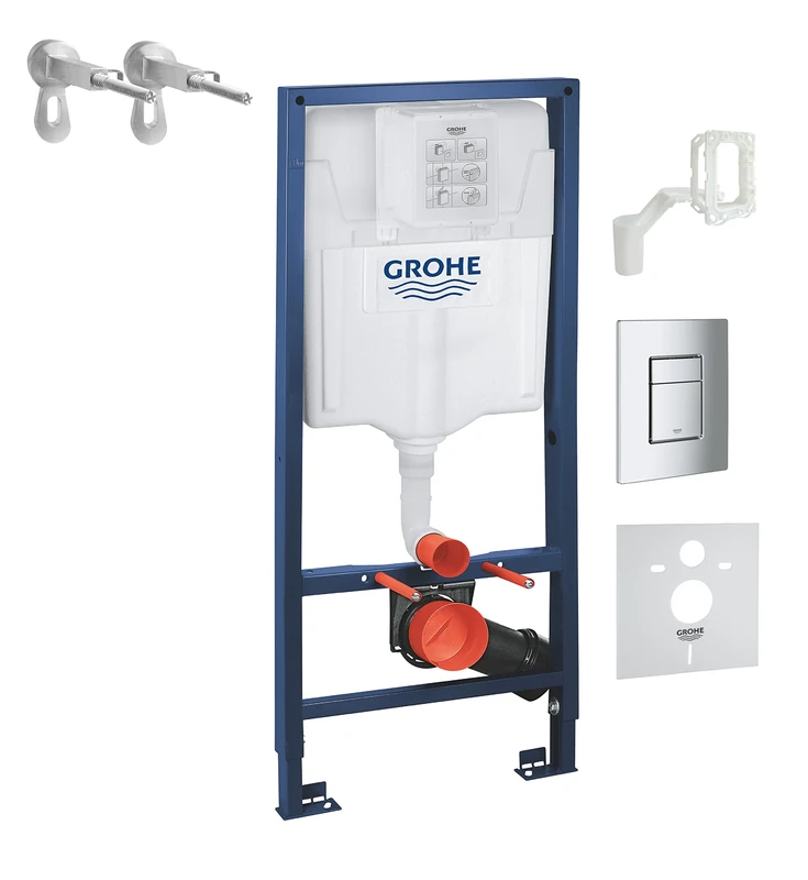 GROHE 38827000 Rapid Sl 4-in-1 Set for Wall-Hung Toilet, 1.13 m (Wall Brackets, Skate Cosmopolitan Chrome Flush Plate, Fresh and Noise Control)