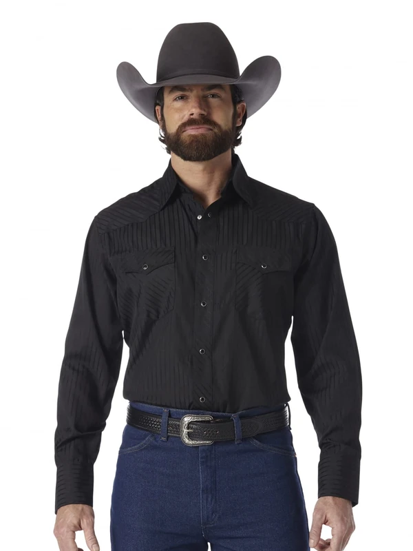 Wrangler Men's Sport Western Two Pocket Long Sleeve Snap Shirt Shirt, Black, L