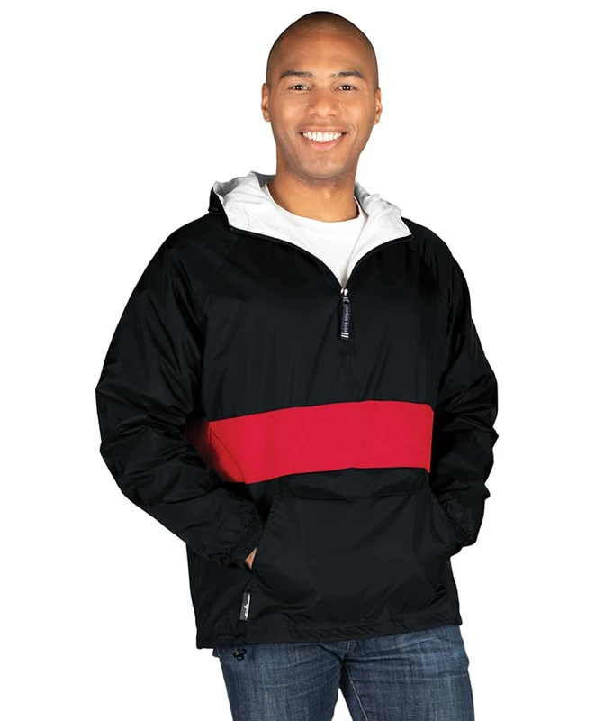 Charles River Apparel Unisex's Classic Solid Windbreaker Pullover Jacket, Black/Red, Large