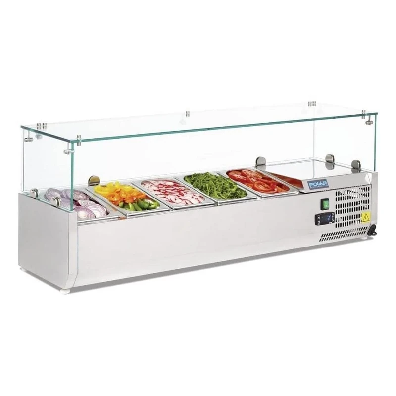 Polar Refrigeration G-Series 150W Countertop Food Prep Fridge with Built-In Glass Surround, Stainless Steel, 2°C to 8°C, 435(H)x1200(W)x330(D)mm, Capacity: 5x 1/4 GN Pans (Sold Separately) | G608