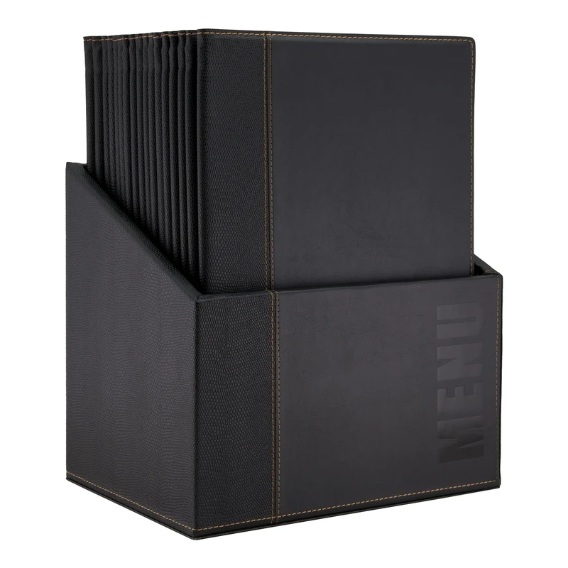 Securit Classic Leather Menu Range Faux Leather a4 Menu Holders in Matching Storage Box Displays 4 Inner Pages Pack of 20 Restaurant Cards in Box Black