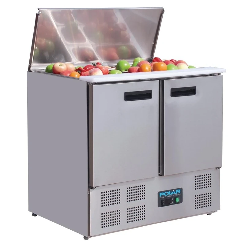 Polar Refrigeration G-Series 155W Saladette Food Counter Double Door Chiller Fridge 240 Litre, Stainless Steel, 2°C to 8°C, 885(H) x900(W) x700(D) mm, 2 Shelves, Capacity: 2x1/1GN and 3x 1/6GN | G606