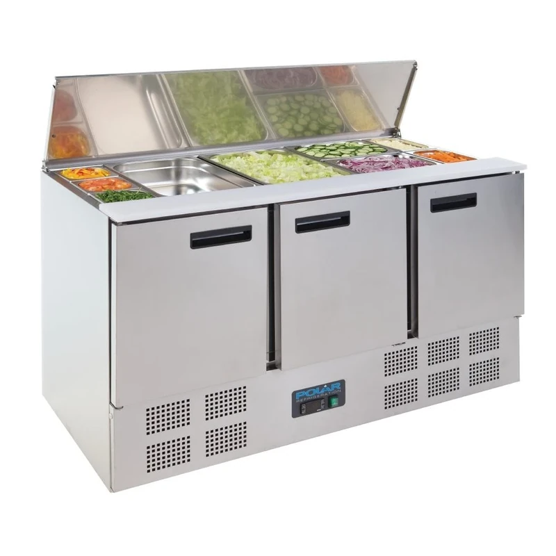 Polar Refrigeration G-Series 235W Saladette Food Counter Triple Door Chiller Fridge 368 Litre, Stainless Steel, 2°C to 8°C, 885(H)x1370(W)x700(D)mm, 3 Shelves, Capacity: 4GN Countertop | G607