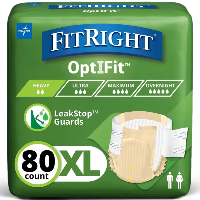 FitRight OptiFit Extra+ Adult Diapers with leak stop guards, Disposable Incontinence Briefs with Tabs, Moderate Absorbency, X-Large, 57"-66", 20 count (Pack of 4)