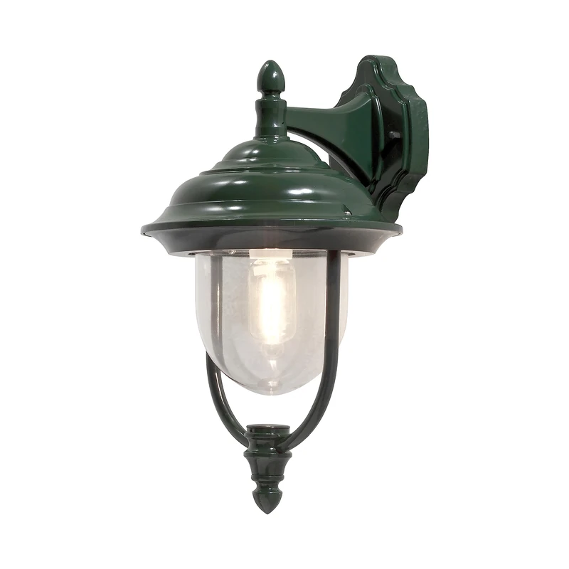 Konstsmide Outdoor Wall Light Mains Powered/Parma Large Down Traditional Lantern/1 x 75 W E27 Max Lamp/Clear Acrylic Globe/Aluminium/IP43/Outside Light Green